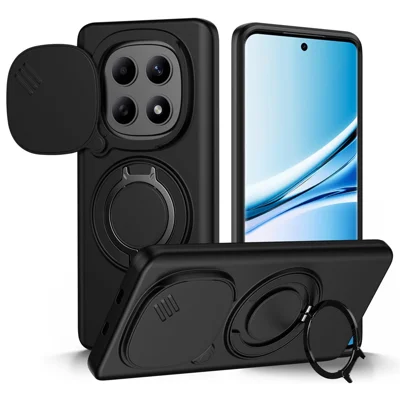 Magnetic Case For Xiaomi Redmi Note 15 5G (Global) / Note 15 4G (Global) / Poco M8 5G Ring Kickstand Slide Camera Cover TPU PC Hybrid Phone Shell - Black