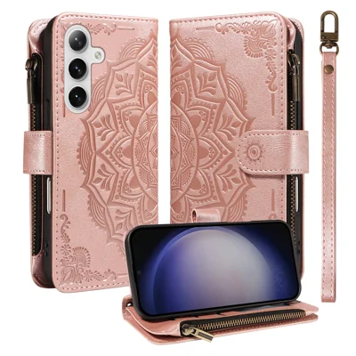  For Samsung Galaxy S24 / Galaxy S25 Wallet Case 9 Card Slots RFID Blocking Mandala Embossed Leather Flip Cover with Wrist Strap - Rose Gold