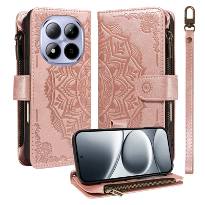  For Xiaomi Redmi Note 15 Pro 5G (Global) Wallet Case 9 Card Slots RFID Blocking Mandala Embossed Leather Flip Cover with Wrist Strap - Rose Gold