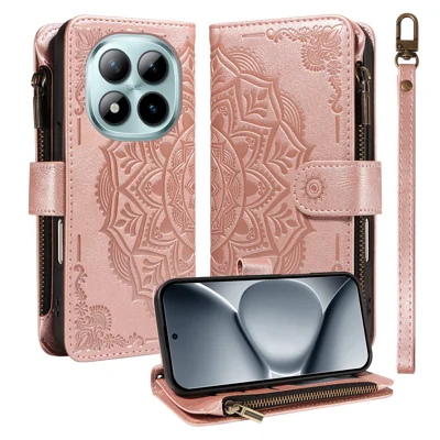 For Xiaomi Redmi Note 15 Pro+ 5G (Global) / Xiaomi Poco M8 Pro 5G Wallet Case 9 Card Slots RFID Blocking Mandala Embossed Leather Flip Cover with Wrist Strap - Rose Gold