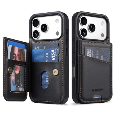 N.BEKUS P4 for iPhone 18 Pro / 17 Pro Case Magnetic Buttons Leather + TPU Phone Cover with Card Holder Kickstand - Black