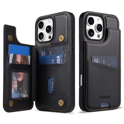 N.BEKUS P4 für iPhone 16 Pro Max Hülle mit Magnethalterung Leder + TPU Handyhülle mit Kartenfach Ständer – Schwarz