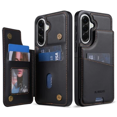 N.BEKUS P4  for Samsung Galaxy S24 FE Case Magnetic Buttons Leather + TPU Phone Cover with Card Holder Kickstand - Black