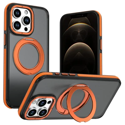 For iPhone 12 Pro Max Magnetic Case Double Color Rotating Ring Kickstand PC + TPU Phone Cover - Orange
