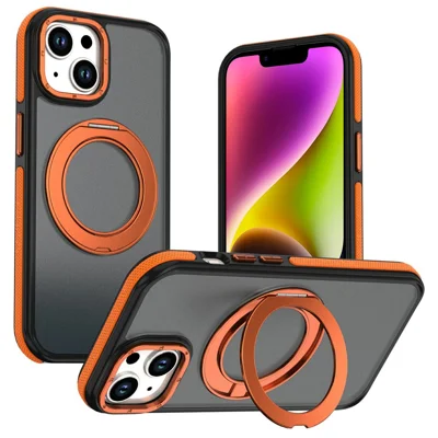 For iPhone 13  /  14 Magnetisk Hylse Dobbelt Farve Roterende Ring Stand PC + TPU Telefondækk - Orange