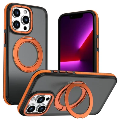 Voor iPhone 13 Pro Max Magnetische Hoes Dubbele Kleur Roterende Ring Standaard PC + TPU Telefoonhoes - Oranje