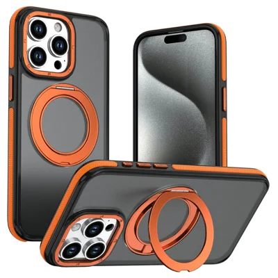 Magnetisk mobilskal med dubbel färg och roterande ringfotstöd till iPhone 14 Pro Max – Orange, PC + TPU