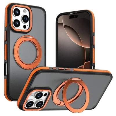 Funda magnética para iPhone 16 Pro con anillo giratorio, doble color y carcasa de PC + TPU - Naranja