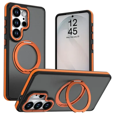 For Samsung Galaxy S23 Ultra Magnetic Case Double Color Rotating Ring Kickstand PC + TPU Phone Cover - Orange