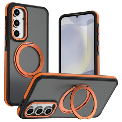 For Samsung Galaxy S24 FE Magnetic Case Double Color Rotating Ring Kickstand PC + TPU Phone Cover - Orange