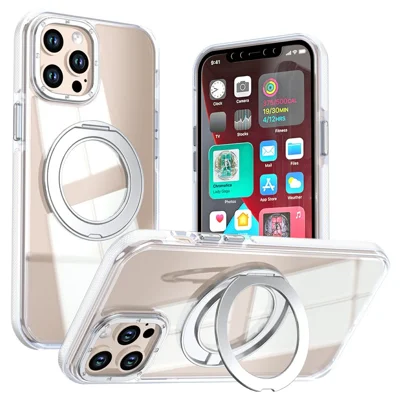 For iPhone 12 Pro Max Magnetic Case Rotating Ring Kickstand Dual Color Acrylic + TPU Clear Phone Cover - White