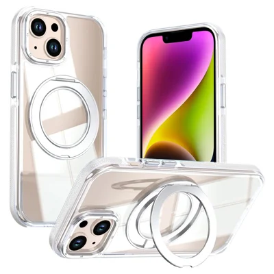 Til iPhone 13 / 14 Magnetisk Hylster med Roterende Ring Stående Dobbeltfarvet Akryl + TPU Gennemsigtig Telefonbeskyttelse - Hvid