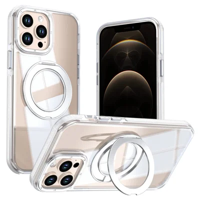 Чехол для iPhone 13 Pro с магнитом, поворотным кольцом-подставкой, двухцветный прозрачный акриловый + ТПУ чехол — белый