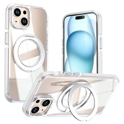 Für iPhone 15 Magnetische Hülle mit Drehbarem Ringständer, Zweifarbige Acryl + TPU Klare Handyhülle - Weiß