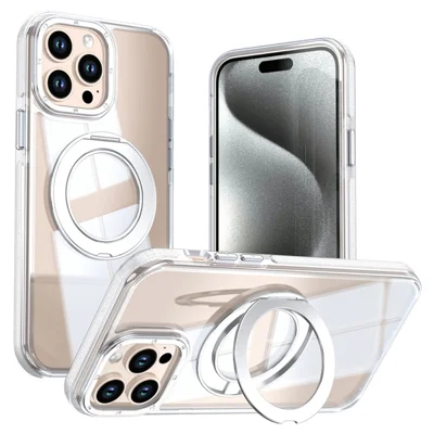Coque magnétique pour iPhone 15 Pro Max avec anneau pivotant, coque transparente acrylique + TPU bicolore - Blanc