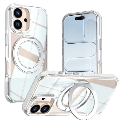 For iPhone 16 Magnetic Case Rotating Ring Kickstand Dual Color Acrylic + TPU Clear Phone Cover - White