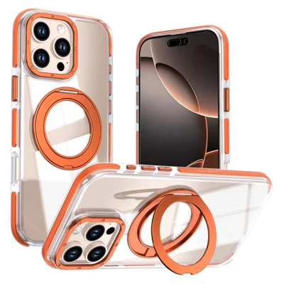 Funda magnética para iPhone 16 Pro con anillo giratorio, funda transparente de acrílico + TPU de doble color - Naranja