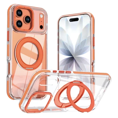 For iPhone 17 Pro Magnetic Case Rotating Ring Kickstand Dual Color Acrylic + TPU Clear Phone Cover - Orange