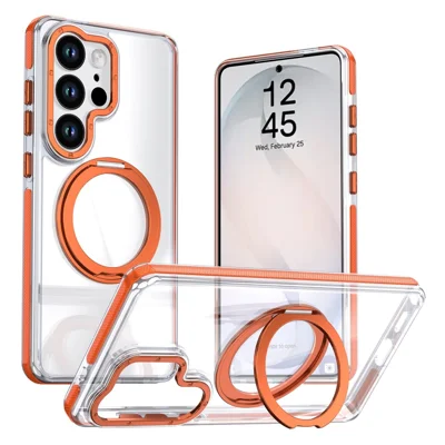 Für Samsung Galaxy S23 Ultra Magnetische Hülle Mit Drehbarem Ringständer Zweifarbige Acryl + TPU Klare Handyhülle - Orange