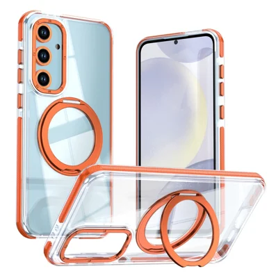 For Samsung Galaxy S23 FE Magnetic Case Rotating Ring Kickstand Dual Color Acrylic + TPU Clear Phone Cover - Orange