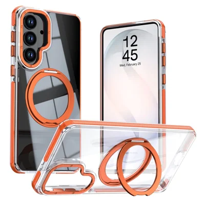 For Samsung Galaxy S24  /  S25 Magnetic Case Rotating Ring Kickstand Dual Color Acrylic + TPU Clear Phone Cover - Orange