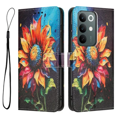 غطاء محفظة لهاتف Realme C100x 4G / Realme C100i 4G / Realme C100 4G، غطاء جلد PU مطبوع بنمط مع حبل - عباد الشمس