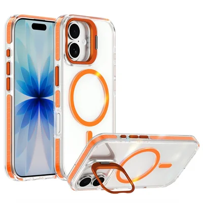For iPhone 17 Magnetic Case Metal Camera Kickstand Clear PC + TPU Shockproof Protective Cover - Transparent Orange
