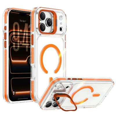For iPhone 17 Pro Magnetic Case Metal Camera Kickstand Clear PC + TPU Shockproof Protective Cover - Transparent Orange
