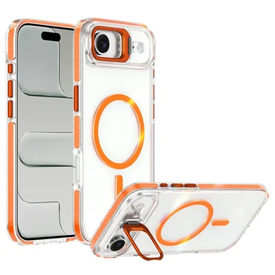 For iPhone Air Magnetic Case Metal Camera Kickstand Clear PC + TPU Shockproof Protective Cover - Transparent Orange