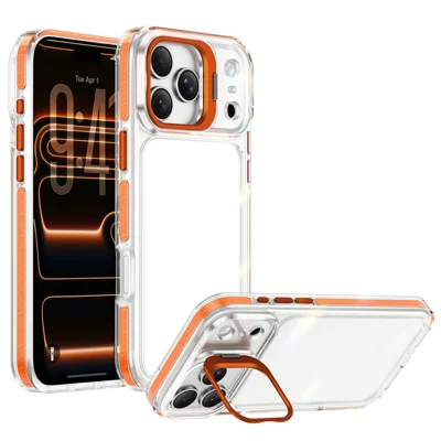 For iPhone 17 Pro Case Metal Camera Kickstand Shockproof Clear PC + TPU Phone Cover - Transparent Orange