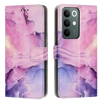 غطاء واقٍ بتصميم رخامي لهاتف Realme C100x 4G / Realme C100i 4G / Realme C100 4G مع حامل ومحفظة من جلد PU - أرجواني