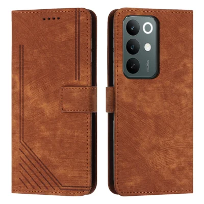 غطاء هاتف بتصميم خطوط مطبوعة ومحفظة نقود لهاتف Realme C100x 4G / Realme C100i 4G / Realme C100 4G بني من الجلد الصناعي مع دعم الحامل