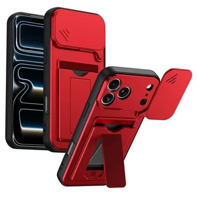 Für iPhone 17 Pro Max Hülle Objektivschutz Ständer PC + TPU Handyhülle mit Kartenfach - Rot