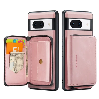  CASEME for Google Pixel 8a JEEHOOD Case  J02 Leather Back Cover with Detachable Zipper Card Holder Kickstand - Pink