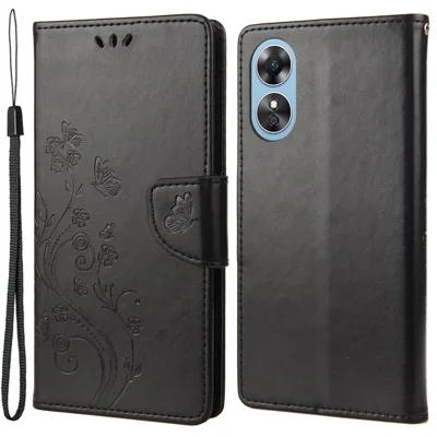 Pour Oppo A17 4G / A17k 4G Anti-chute Fleur Papillon Imprimé Housse de Protection Étui Portefeuille en Cuir PU Support - Noir