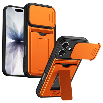 For iPhone 17 Case Slide Camera Cover Kickstand PC + TPU Phone Shell with Card Holder - Orange