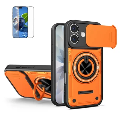 For iPhone 16 Case Sliding Camera Cover Ring Kickstand PC + TPU Phone Shell with Tempered Glass Film - Orange