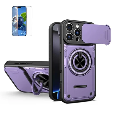 For iPhone 16 Pro Max Case Sliding Camera Cover Ring Kickstand PC + TPU Phone Shell with Tempered Glass Film - Purple