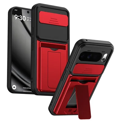 For Google Pixel 10 Pro XL Case Slide Camera Cover Kickstand PC + TPU Phone Shell with Card Holder - Red