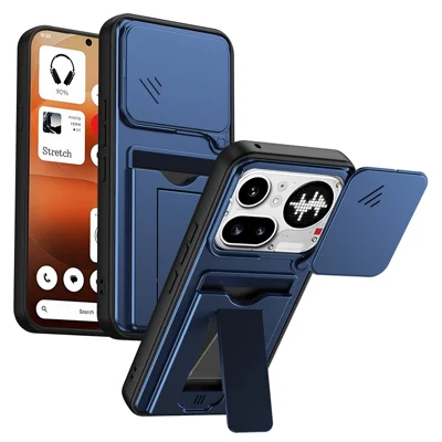 For Nothing Phone (4a) Pro Case Slide Kamera dæksel Stand PC + TPU Phone Shell med Kortholder - Blå