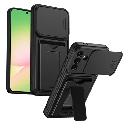 For Samsung Galaxy A26 5G Case Slide Camera Cover Kickstand PC + TPU Phone Shell with Card Holder - Black