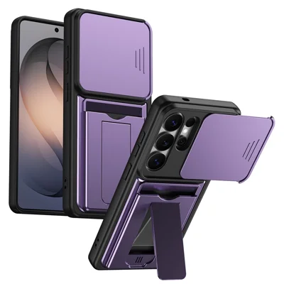 For Samsung Galaxy S26 Ultra Case Slide Camera Cover Kickstand PC + TPU Phone Shell with Card Holder - Purple