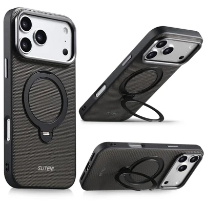 SUTENI G7 for iPhone 18 Pro Max / 17 Pro Max Magnetic Case Rotating Kickstand Triangle Texture Leather + TPU Phone Cover - Grey