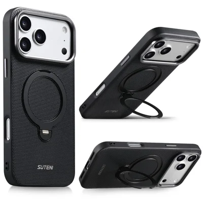 SUTENI G7 for iPhone 18 Pro / 17 Pro Magnetic Case Rotating Kickstand Triangle Texture Leather + TPU Phone Cover - Black