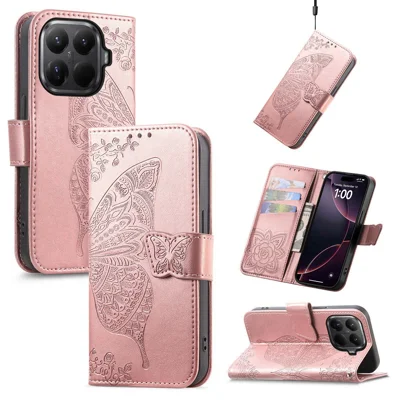  For Xiaomi 17T Case with Strap Butterfly Pattern PU Leather Wallet Phone Cover - Rose Gold