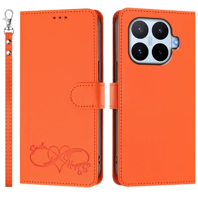 Funda tipo cartera con diseño de corazón para Xiaomi 17T, carcasa abatible de cuero PU con correa de mano - Naranja