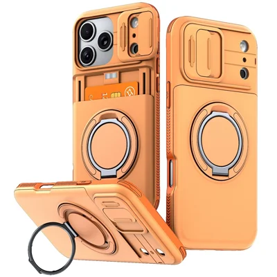 For iPhone 18 Pro Max / 17 Pro Max Case Slide Camera Cover Kickstand TPU + PC Phone Protective Shell with Card Holder - Orange