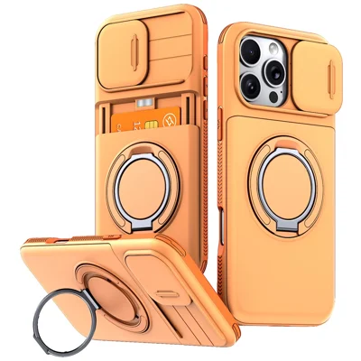 For iPhone 16 Pro Max Case Slide Camera Cover Kickstand TPU + PC Phone Protective Shell with Card Holder - Orange