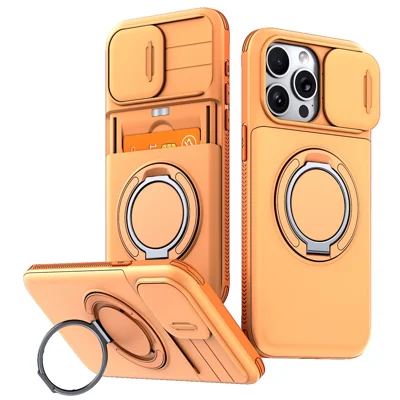 Чехол для iPhone 15 Pro Max с выдвижной крышкой камеры, подставкой, слотом для карт из ТПУ + поликарбоната - Оранжевый