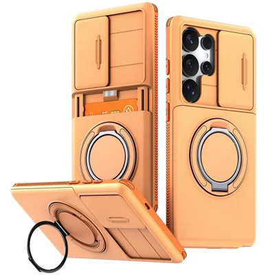 For Samsung Galaxy S24 Ultra Case Slide Camera Cover Kickstand TPU + PC Phone Protective Shell with Card Holder - Orange